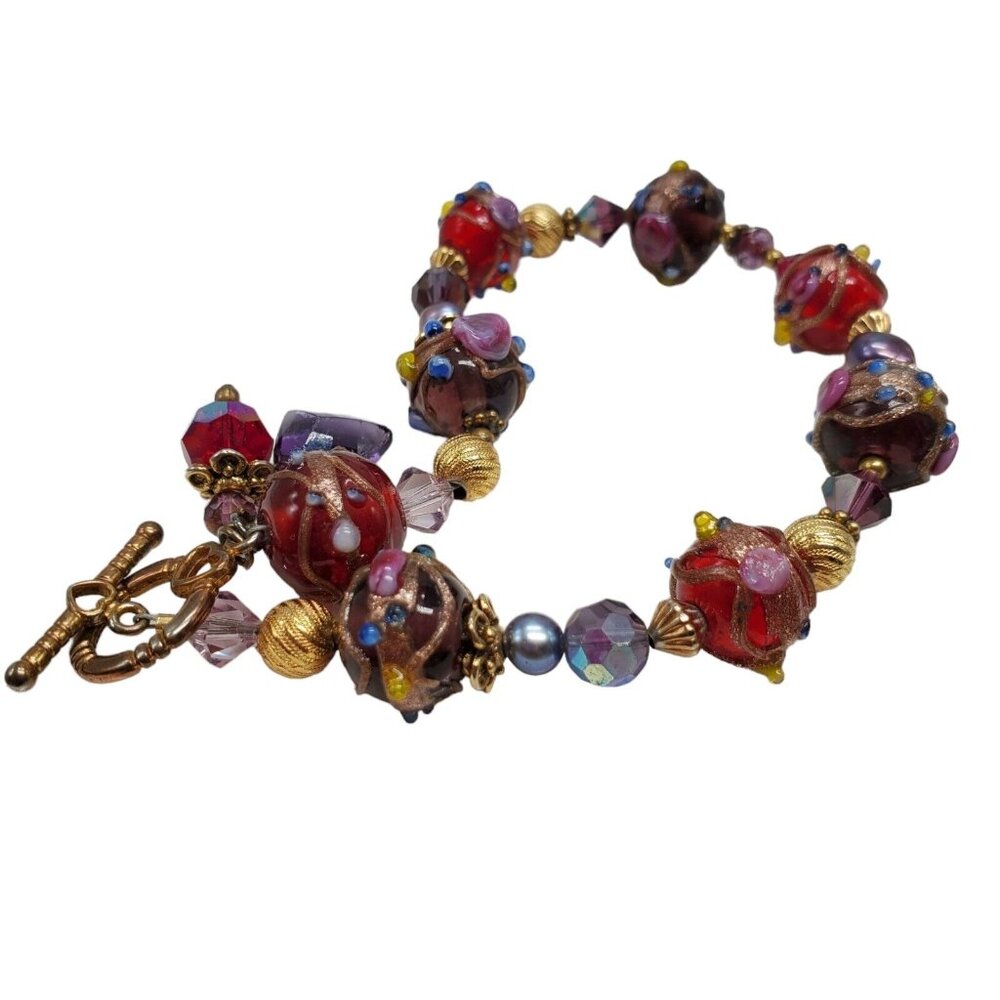 Artisan Wedding Cake Glass Bead Bracelet 22k Gold Filled Hand Blown Toggle Clasp - Picture 16 of 16
